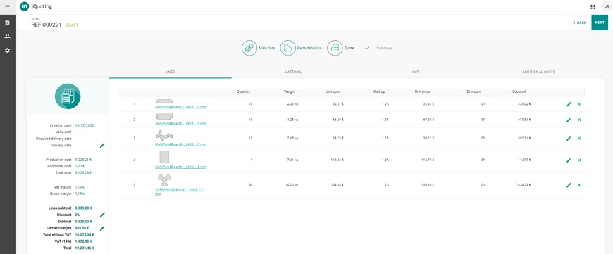 Lantek iQuoting, simple and accurate quoting