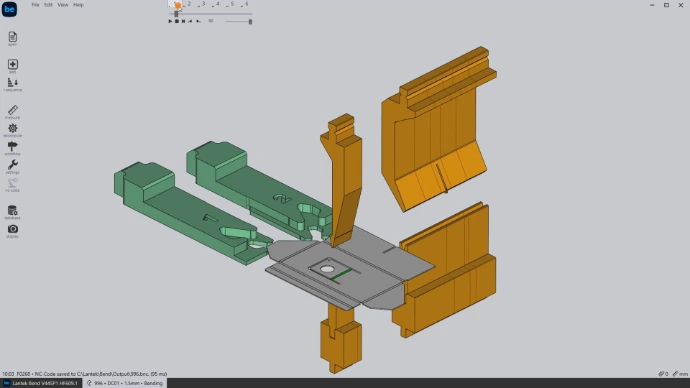 Interfaz de Lantek Bend mostrando simulación 3D de plegado de chapa