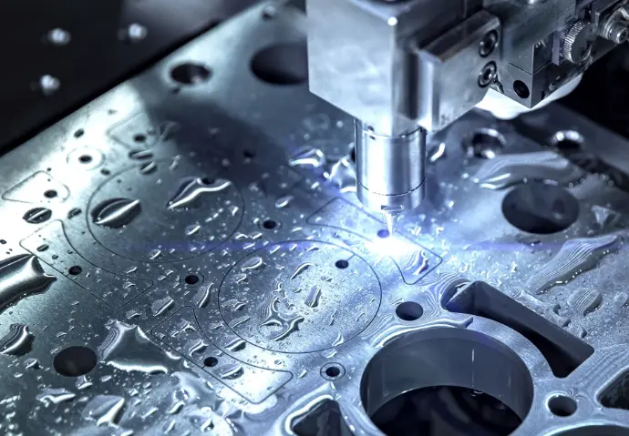 cabezal de maquina cortando chapa con gotas de agua en el metal